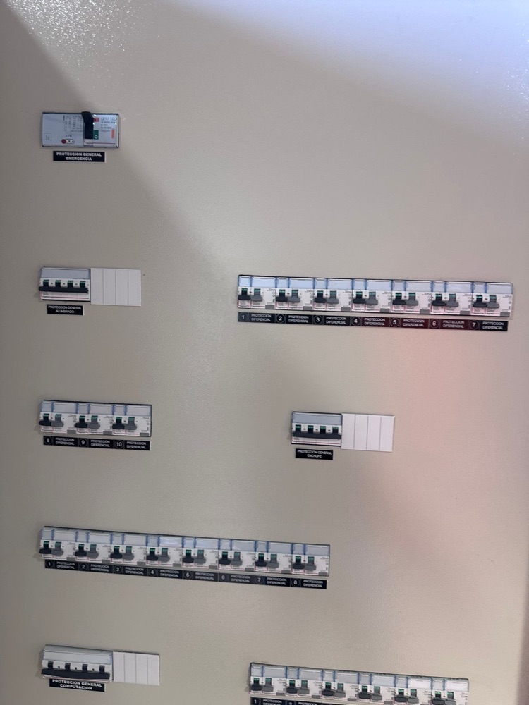 Detalle del frente de un tablero CYS con las protecciones diferenciales numeradas y rotuladas una por una